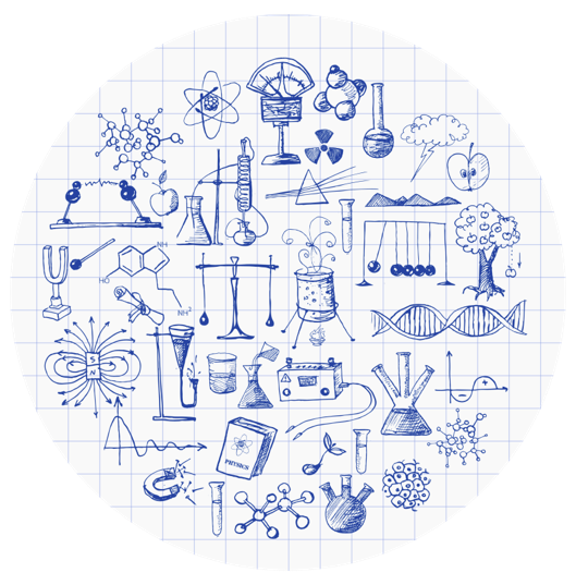 circular image of lots of science gadgets on a graph-paper background