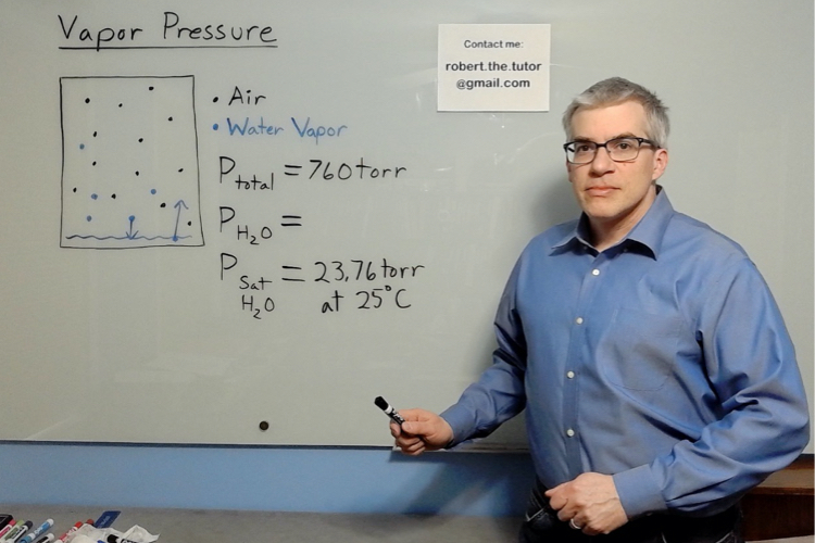 Picture of Robert standing in front of a whiteboard containing an illustration of vapor pressure